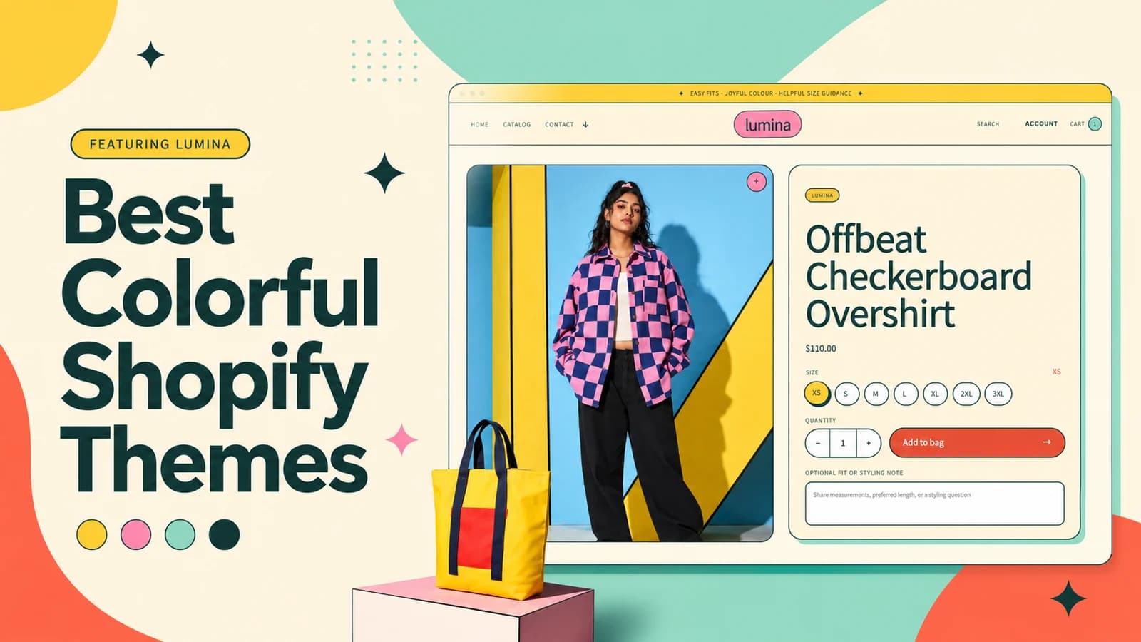 Best colorful Shopify themes cover featuring Lumina with cream coral yellow and teal graphic fashion styling