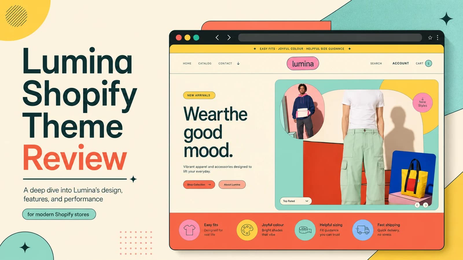 Lumina Shopify theme review cover showing a colorful graphic streetwear storefront in a browser mockup